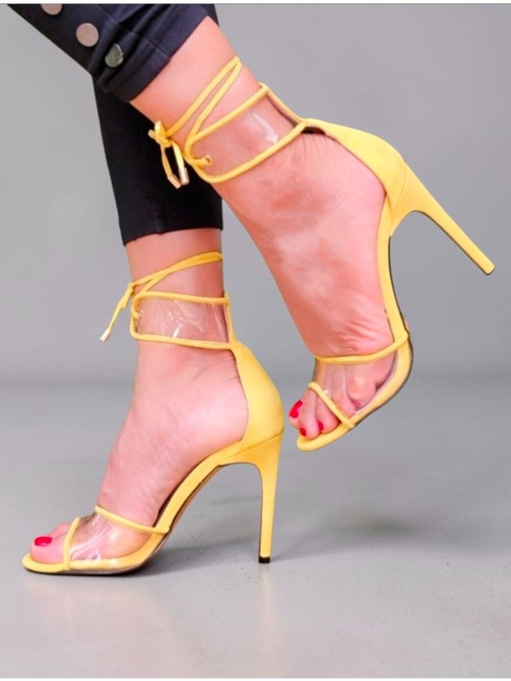 Yellow Lace-Up Clear Strap Stiletto Heels For Women - Elegant High Heel Sandals